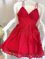 A Line V Neck Short Red Lace Prom Dress, Short Red Lace Prom Homecoming Graduation Dresses