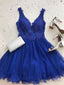 A Line V Neck Short Royal Blue Lace Prom Dress, Short Royal Blue Lace Prom Homecoming Dresses