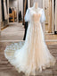 A-Line V-Neck Short Sleeves Appliques Lace Sweep Train Tulle Wedding Dresses