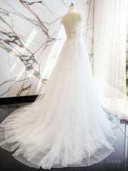 A-line V-neck Short Sleeves Hand-Made Flower Court Train Tulle Wedding Dress