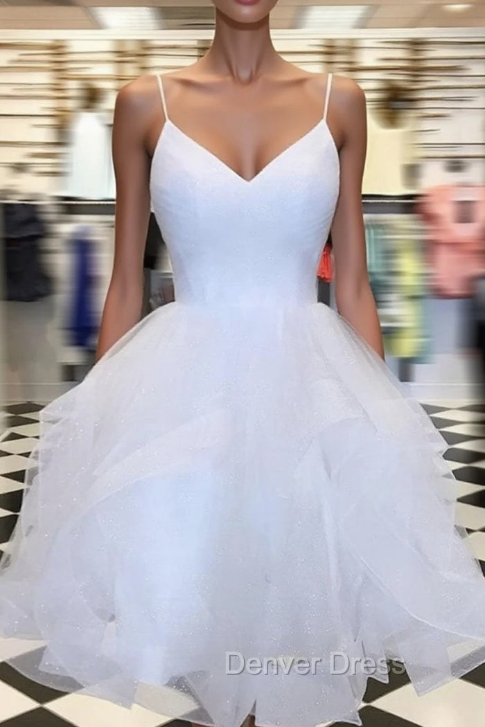 A Line V Neck Short White Prom Dress, Short White Lace Prom Homecoming