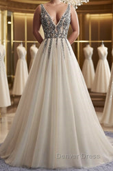 A Line V Neck Silver Gray Long Prom Dresses, Silver Grey Beaded Long Formal Evening Dresses