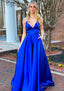 A Line V Neck Sleeveless Charmeuse Long Floor Length Prom Dresses With Pockets