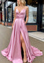 A Line V Neck Sleeveless Charmeuse Sweep Train Prom Dresses With Pockets