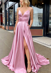 A-line V Neck Sleeveless Charmeuse Sweep Train Prom Dresses With Pockets