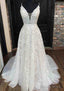 A Line V Neck Sleeveless Lace Court Train Prom Dresses With Pleated