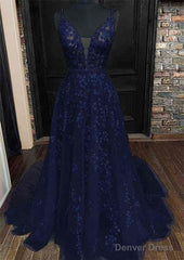 A-line V Neck Sleeveless Lace Court Train Prom Dresses With Pleated