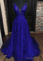A-line V Neck Sleeveless Lace Court Train Prom Dresses With Pleated