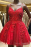 A Line V Neck Sleeveless Lace Tulle Short Mini Homecoming Dresses, Beading