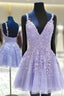A Line V Neck Sleeveless Lace Tulle Short Mini Homecoming Dresses With Appliqued Beading
