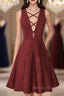 A Line V Neck Sleeveless Lace Up Short Burgundy Satin Homecoming Dresses