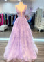 A Line V Neck Sleeveless Long Floor Length Lace Prom Dresses With Beading