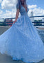 A Line V Neck Sleeveless Long Floor Length Lace Tulle Prom Dresses With Beading Sequins
