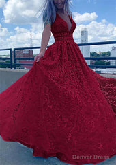 A-line V Neck Sleeveless Long/Floor-Length Lace Tulle Prom Dresses With Beading Sequins