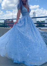 A-line V Neck Sleeveless Long/Floor-Length Lace Tulle Prom Dresses With Beading Sequins