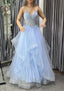 A-line V Neck Sleeveless Long/Floor-Length Tulle Charmeuse Prom Dresses With Appliqued Lace