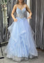 A Line V Neck Sleeveless Long Floor Length Tulle Charmeuse Prom Dresses With Appliqued Lace