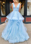 A Line V Neck Sleeveless Long Floor Length Tulle Glitter Prom Dresses With Pleated
