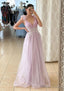 A Line V Neck Sleeveless Long Floor Length Tulle Prom Dresses With Appliqued Beading Flowers