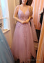 A Line V Neck Sleeveless Long Floor Length Tulle Prom Dresses With Appliqued Lace