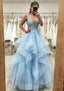 A Line V Neck Sleeveless Long Floor Length Tulle Satin Prom Dresses With Lace Appliqued