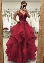A-line V Neck Sleeveless Long/Floor-Length Tulle Satin Prom Dresses With Lace Appliqued