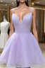 A Line V Neck Sleeveless Organza Short Mini Homecoming Dresses With Glitter