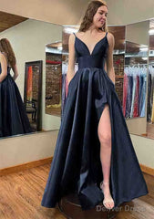 A-line V Neck Sleeveless Satin Long/Floor-Length Prom Dresses With Pockets Split