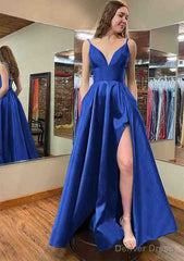 A-line V Neck Sleeveless Satin Long/Floor-Length Prom Dresses With Pockets Split