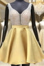 A Line V Neck Sleeveless Satin Short Mini Homecoming Dresses With Beading Sequins