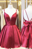 A Line V Neck Sleeveless Satin Short Mini Homecoming Dresses With Bowknot