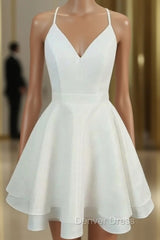 A-line V Neck Sleeveless Satin Short/Mini Homecoming Dresses With Lace