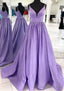 A Line V Neck Sleeveless Satin Sweep Train Prom Dresses With Pleated