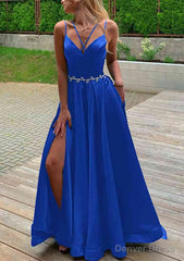 A-line V Neck Sleeveless Satin Sweep Train Prom Dresses With Pockets Waistband Split