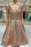 A Line V Neck Sleeveless Sequined Knee Length Homecoming Dresses