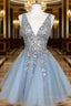 A Line V Neck Sleeveless Short Mini Homecoming Dresses With Beading Ruffles Sequins
