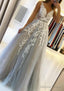 A Line V Neck Sleeveless Sweep Train Tulle Prom Dresses With Beading Lace