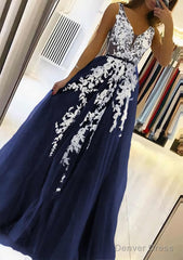 A-line V Neck Sleeveless Sweep Train Tulle Prom Dresses With Beading Lace