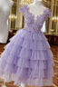 A Line V Neck Sleeveless Tulle Short Mini Homecoming Dresses With Appliqued