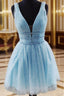 A Line V Neck Sleeveless Tulle Short Mini Homecoming Dresses With Beading Glitter