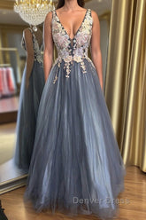 A Line V Neck Smoke Blue Long Prom Dresses with Lace Appliques, Floral Smoke Blue Formal Graduation Evening Dresses