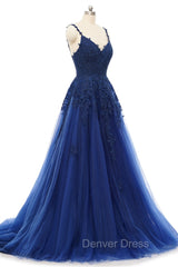 A-line V-neck Spaghetti strap Floor-length Sleeveless Backless Appliques Lace Elegant Prom Dresses