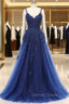 A Line V Neck Spaghetti strap Floor Length Sleeveless Backless Appliques Lace Elegant Prom Dresses