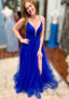 A Line V Neck Spaghetti Straps Court Train Tulle Prom Dresses With Split