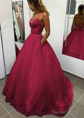 A-line V Neck Spaghetti Straps Long/Floor-Length Glitter Prom Dresses With Pockets