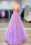 A Line V Neck Spaghetti Straps Long Floor Length Lace Prom Dresses With Beading