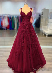 A-line V Neck Spaghetti Straps Long/Floor-Length Lace Prom Dresses With Beading