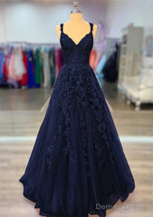 A-line V Neck Spaghetti Straps Long/Floor-Length Lace Prom Dresses With Beading
