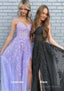 A Line V Neck Spaghetti Straps Long Floor Length Lace Prom Dresses With Split