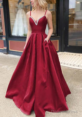 A-line V Neck Spaghetti Straps Long/Floor-Length Satin Prom Dresses With Beading Pockets